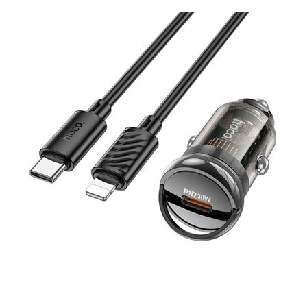 HOCO Z53 autós töltő Type-C aljzat 30W, PD gyorstöltő + Type-C - lightning kábel, FEKETE