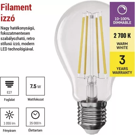 Emos ZF5154D  E27/7,5W (75W)/1 055 lm/meleg fehér/dimmelhető Filament A60 LED izzó