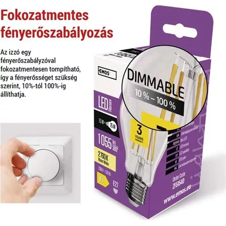 Emos ZF5154D  E27/7,5W (75W)/1 055 lm/meleg fehér/dimmelhető Filament A60 LED izzó
