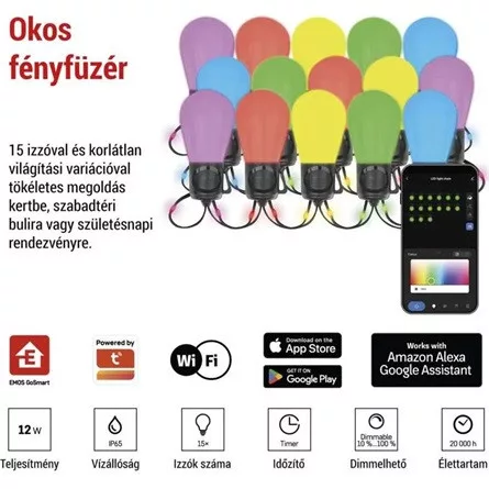 Emos GoSmart 15x parti izzók, 15 m, kültéri és beltéri, RGBIC WiFi LED fényfüzér