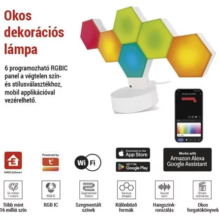 Emos GoSmart Hexagon fehér, 6 részből álló, RGBIC dimmelhető, WiFi LED asztali lámpa